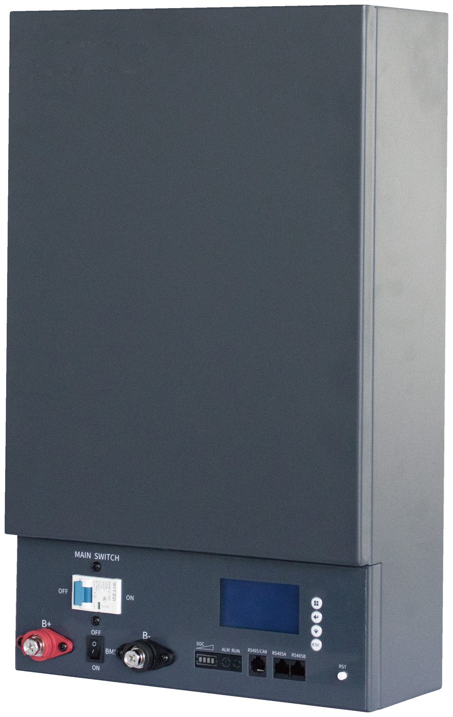 Wall-mounted LiFePO4 battery pack shown from the front, with the connection panel carrying the main switch, battery terminals, LCD and RS485 ports
