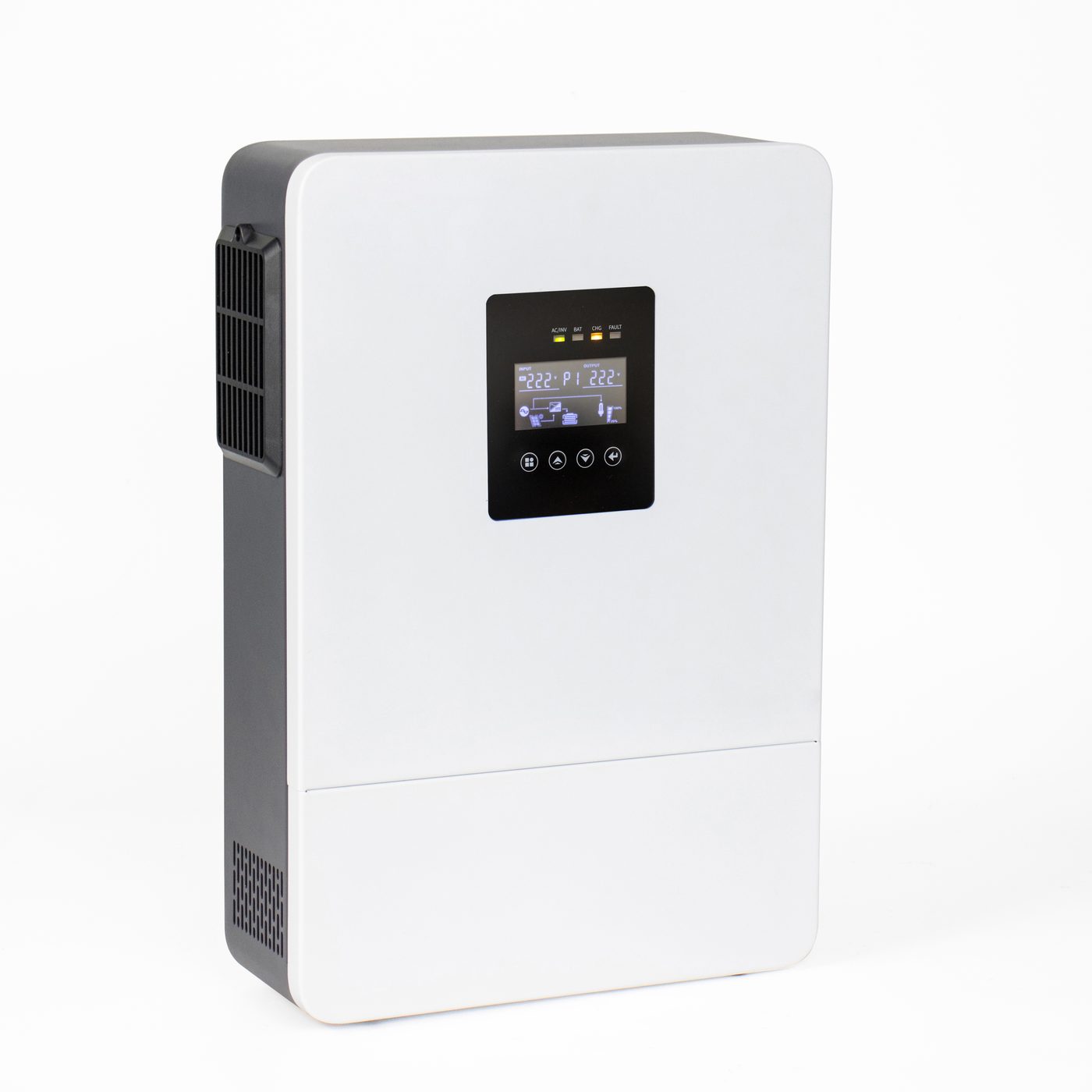Front three-quarter view of an inverter with the LCD panel and the terminal cover