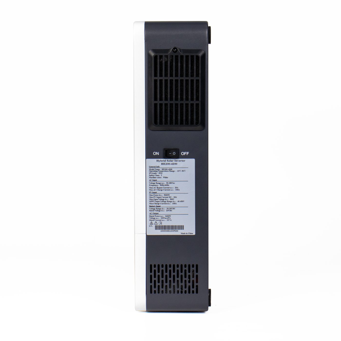 Side view of an inverter showing the rating label bearing the conformity marks