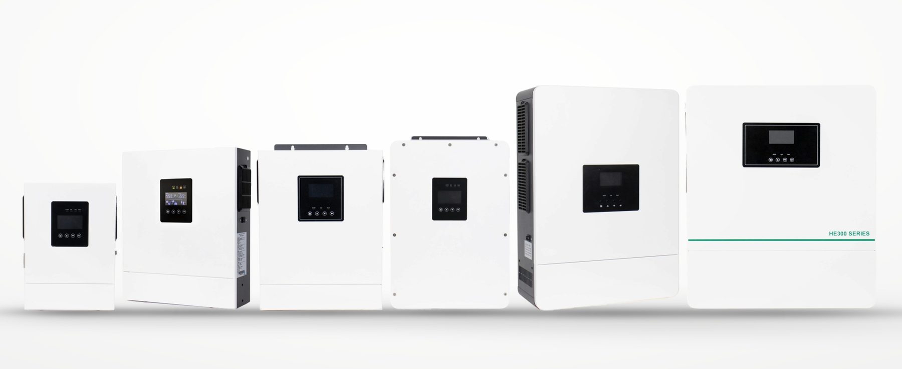 Six Grenkago solar inverters of different sizes shown together, from a 1.2 kW off-grid unit to an 11 kW hybrid unit
