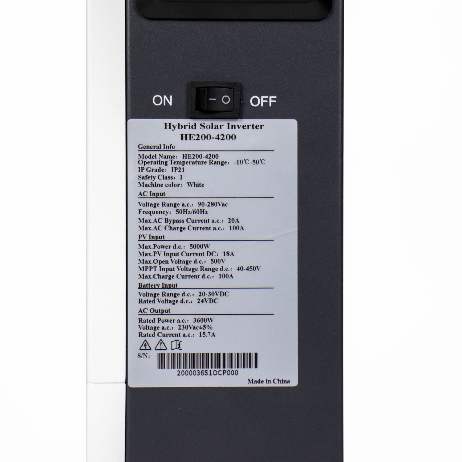 Rear rating label of an inverter showing the model code, ratings and certification marks