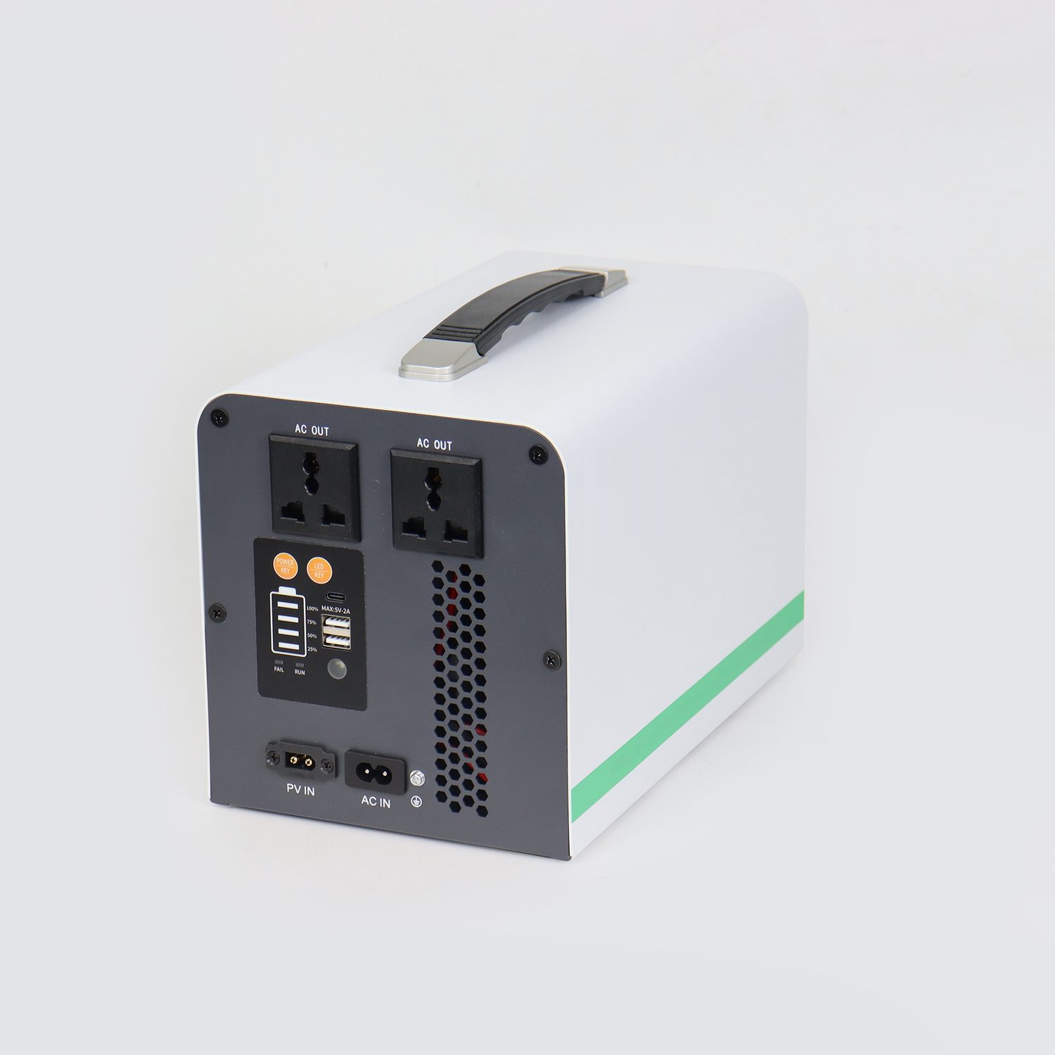 Connection panel of a portable all-in-one unit showing DC inputs, AC outlets and the LCD