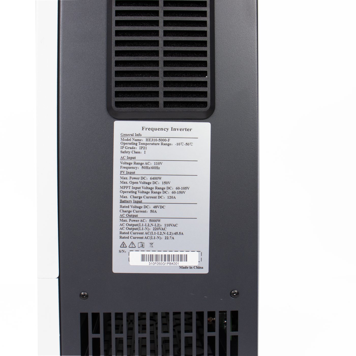 Rear rating label of an inverter showing the declaration-of-conformity statement