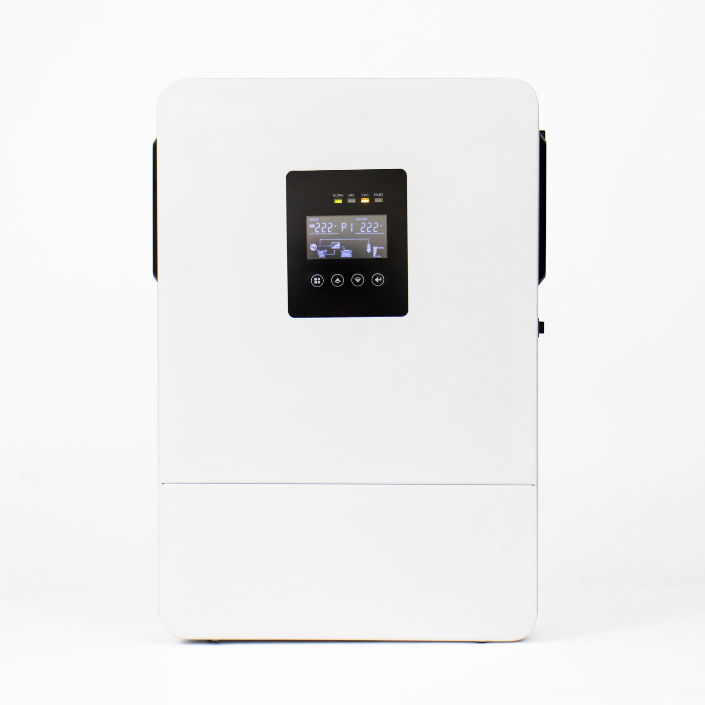 Front view of an inverter with the LCD panel and rating label
