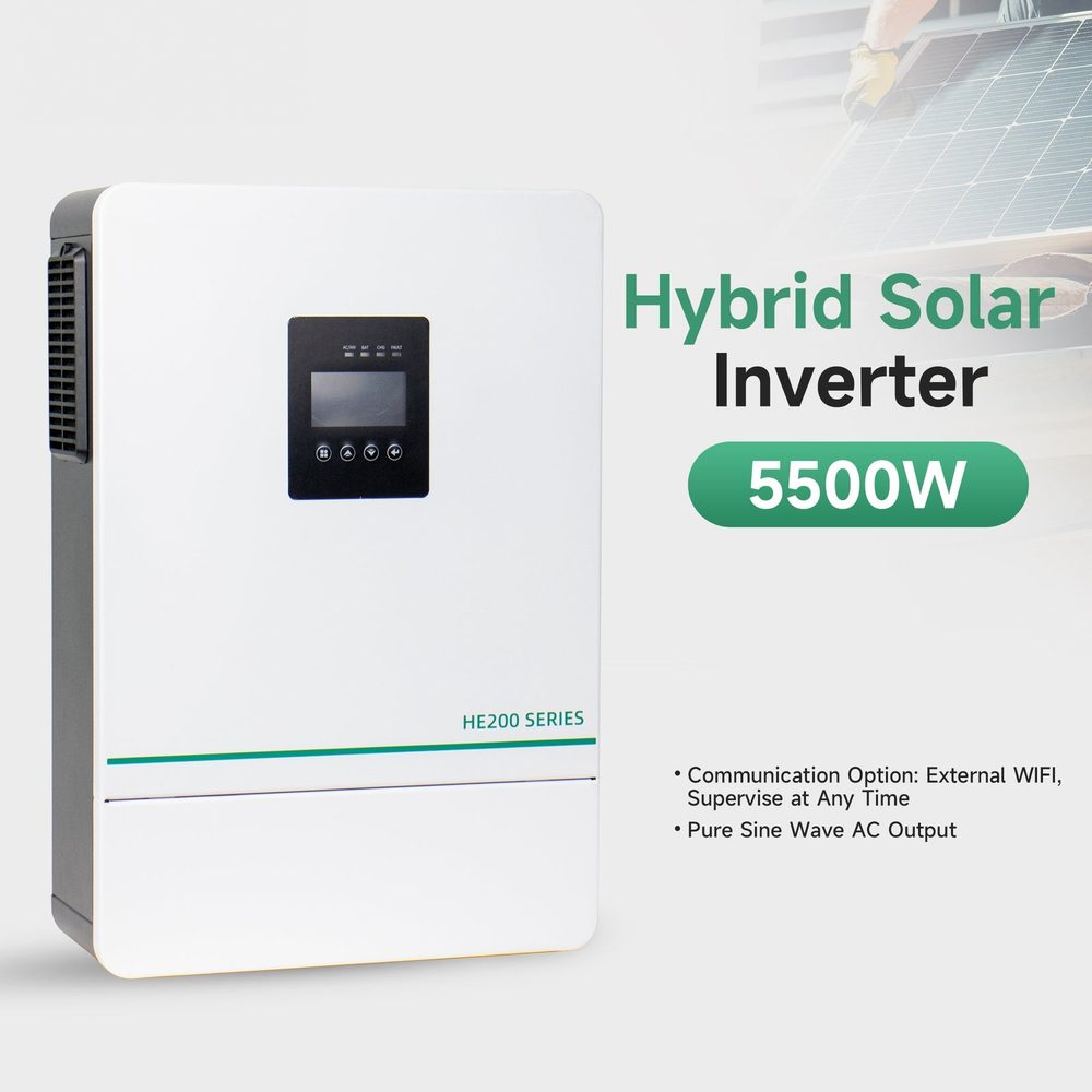 HE200-6500-T white enclosure with the 5500 W hybrid solar inverter marking