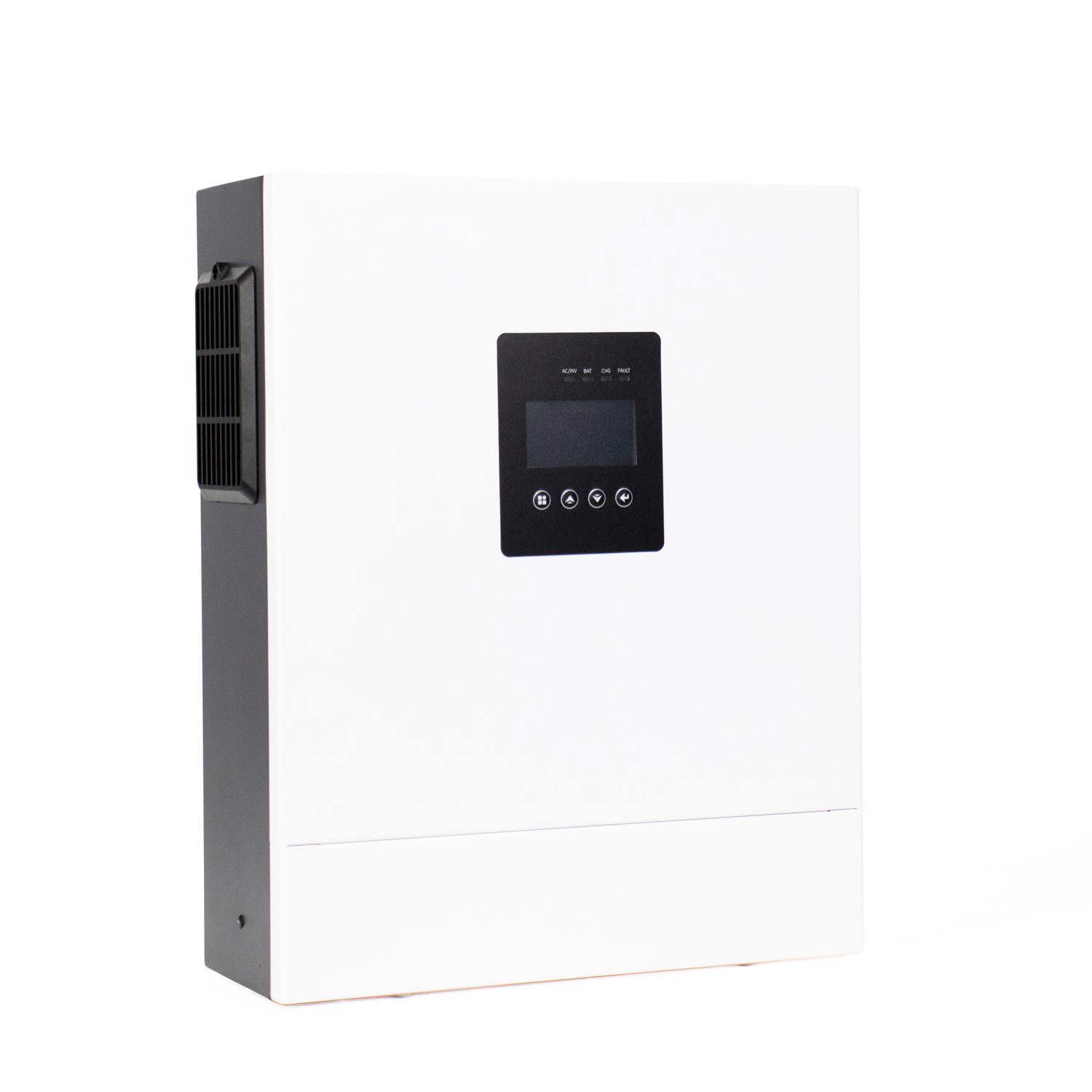 HE200-6500-T 24 V hybrid solar inverter, front view with LCD panel