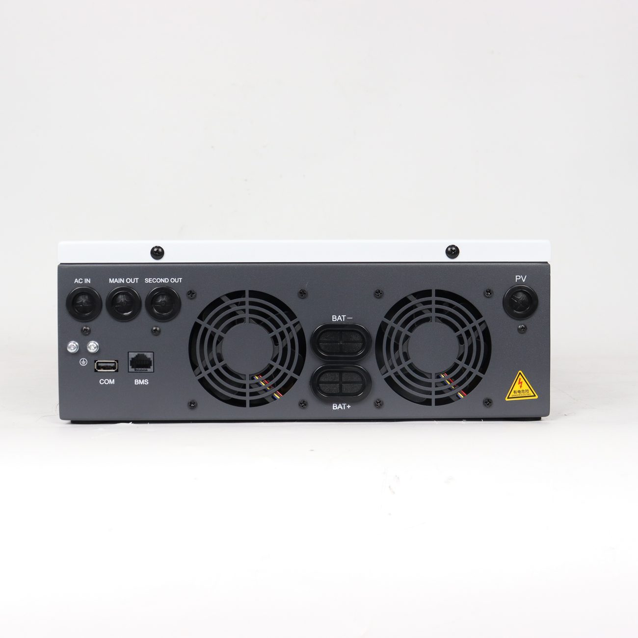 Underside of the HE200-7200-FP with the parallel-connection terminals and dual fans