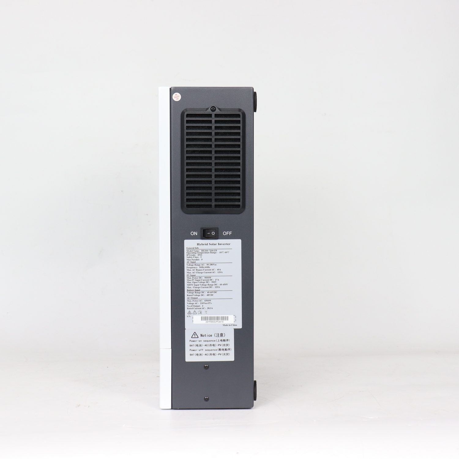 Side and rear view of the HE200-7200-FP parallel-capable inverter showing the rating label