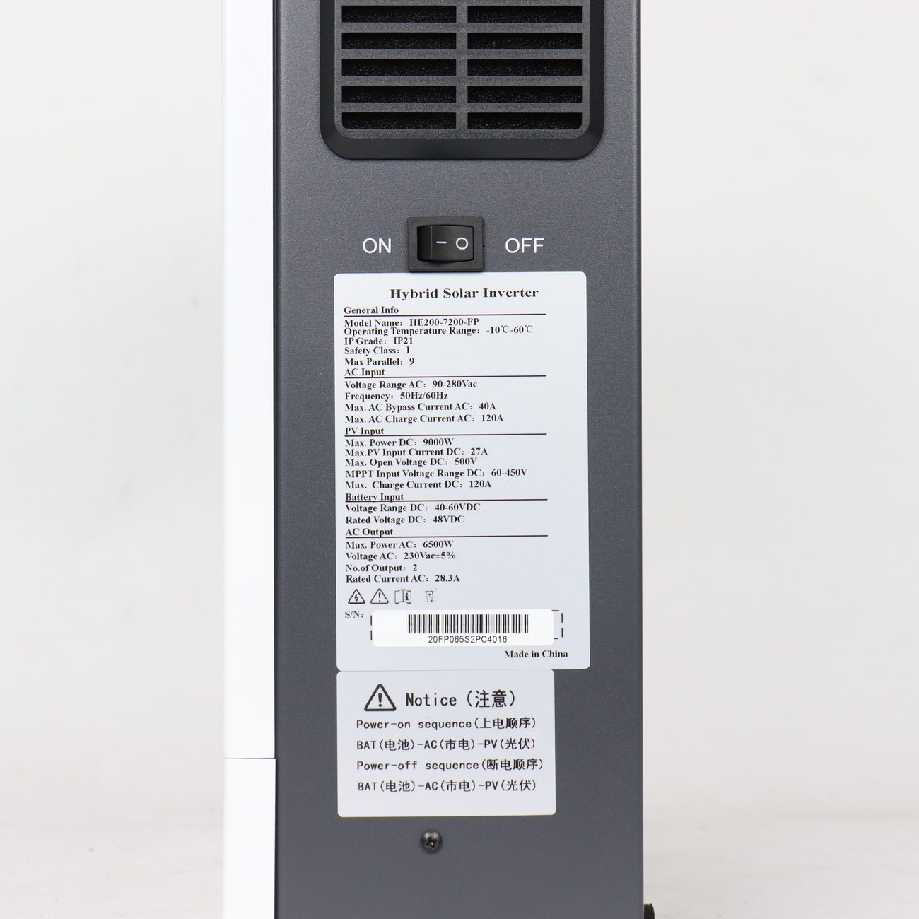 Rear of the HE200-7200-FP showing the main ON/OFF switch and the rating label