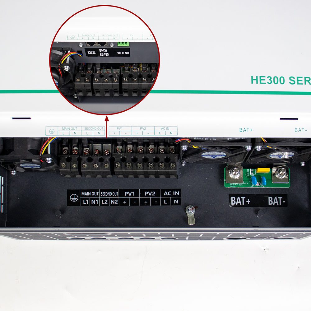 Close-up of the battery terminals on the HE300-12000-F, with the BAT+ and BAT- positions circled