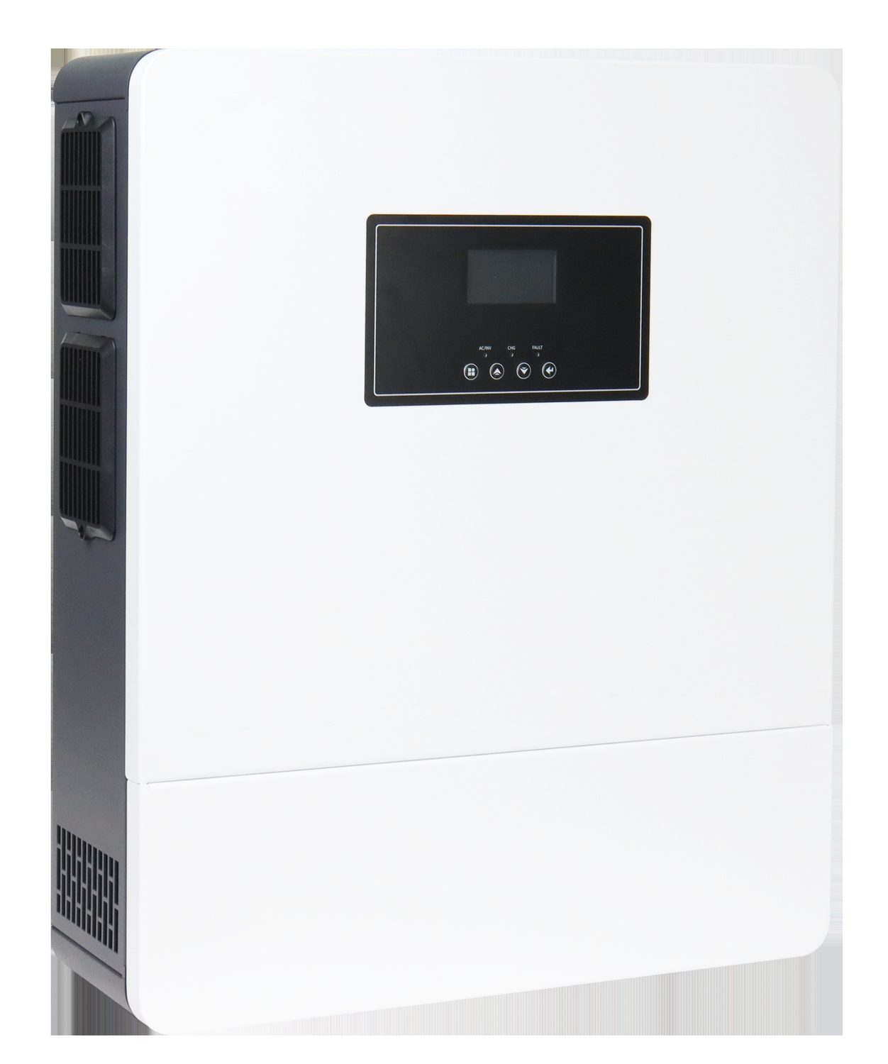 HE300-12000-FP parallel hybrid solar inverter, front view with the LCD control panel