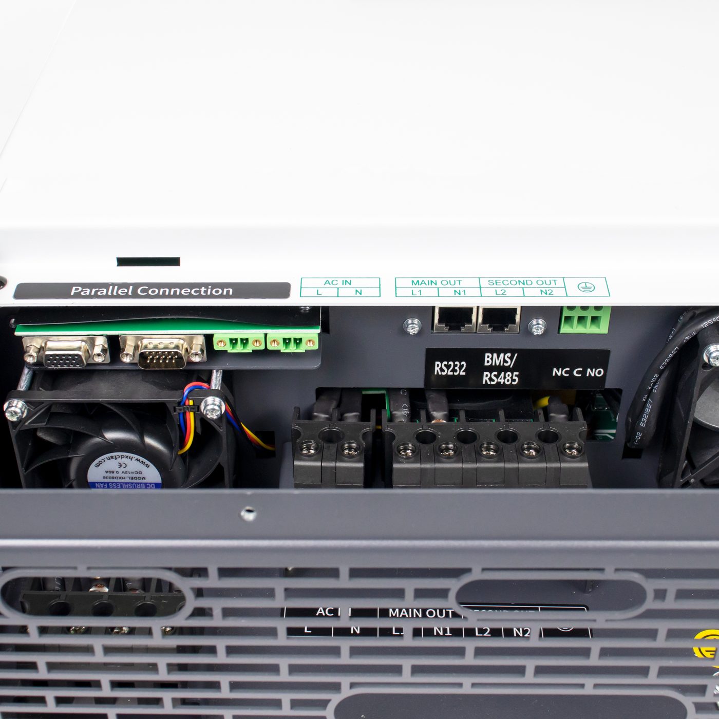Close-up of the HE300-12000-FP parallel-connection terminals and communication ports
