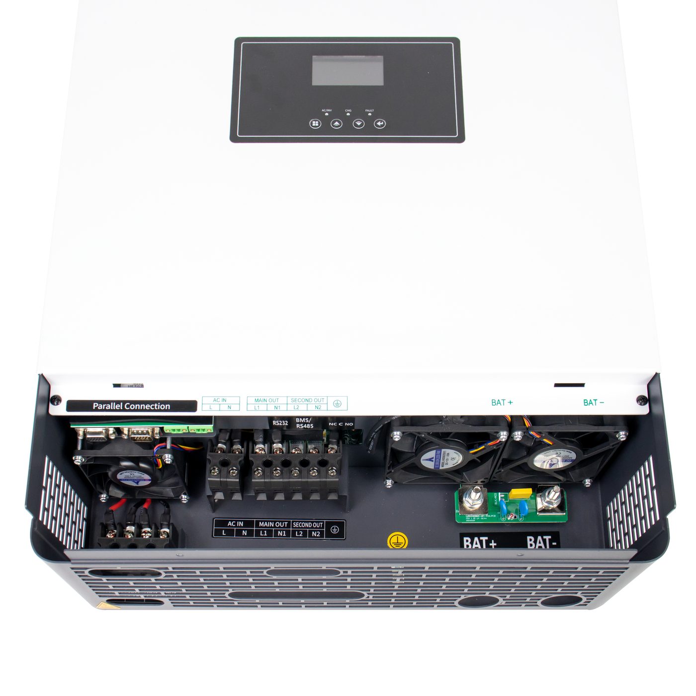 Underside of the HE300-12000-FP showing the terminal row and the battery connection points