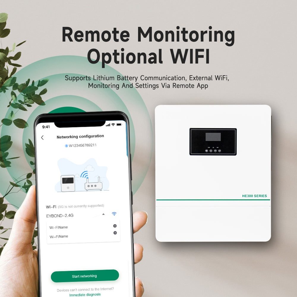Phone showing the Wi-Fi monitoring app connected to an HE300-12000-FP inverter