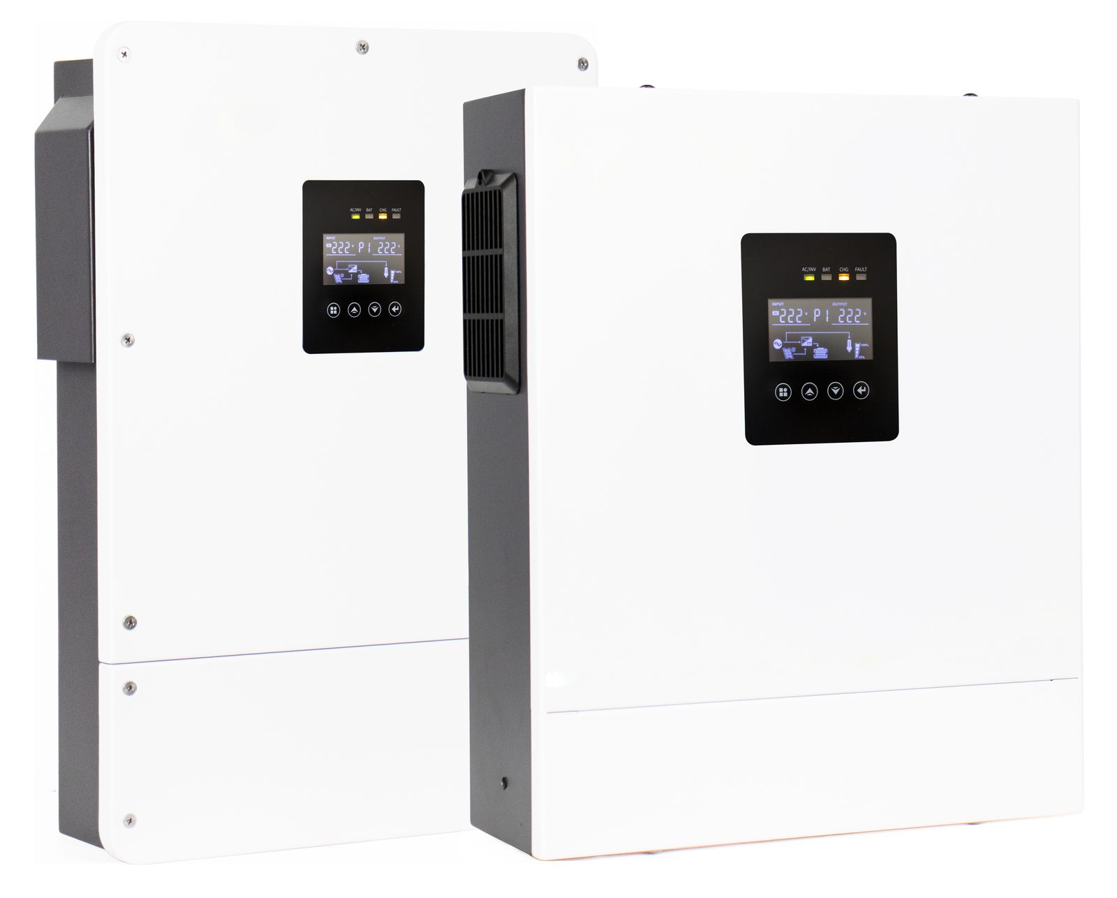 Two hybrid solar inverters shown front and three-quarter, white chassis with green accent
