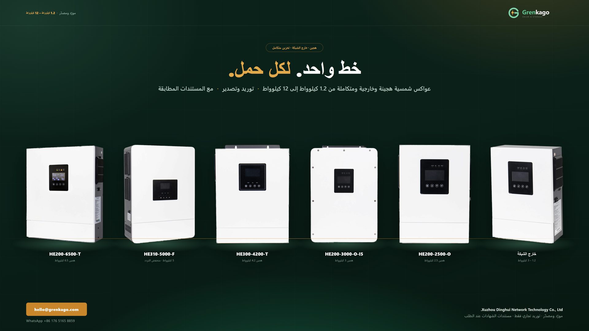 عواكس شمسية هجينة وخارجية ومتكاملة من Grenkago مصطفّة على خلفية خضراء داكنة مع أسماء الطُرز