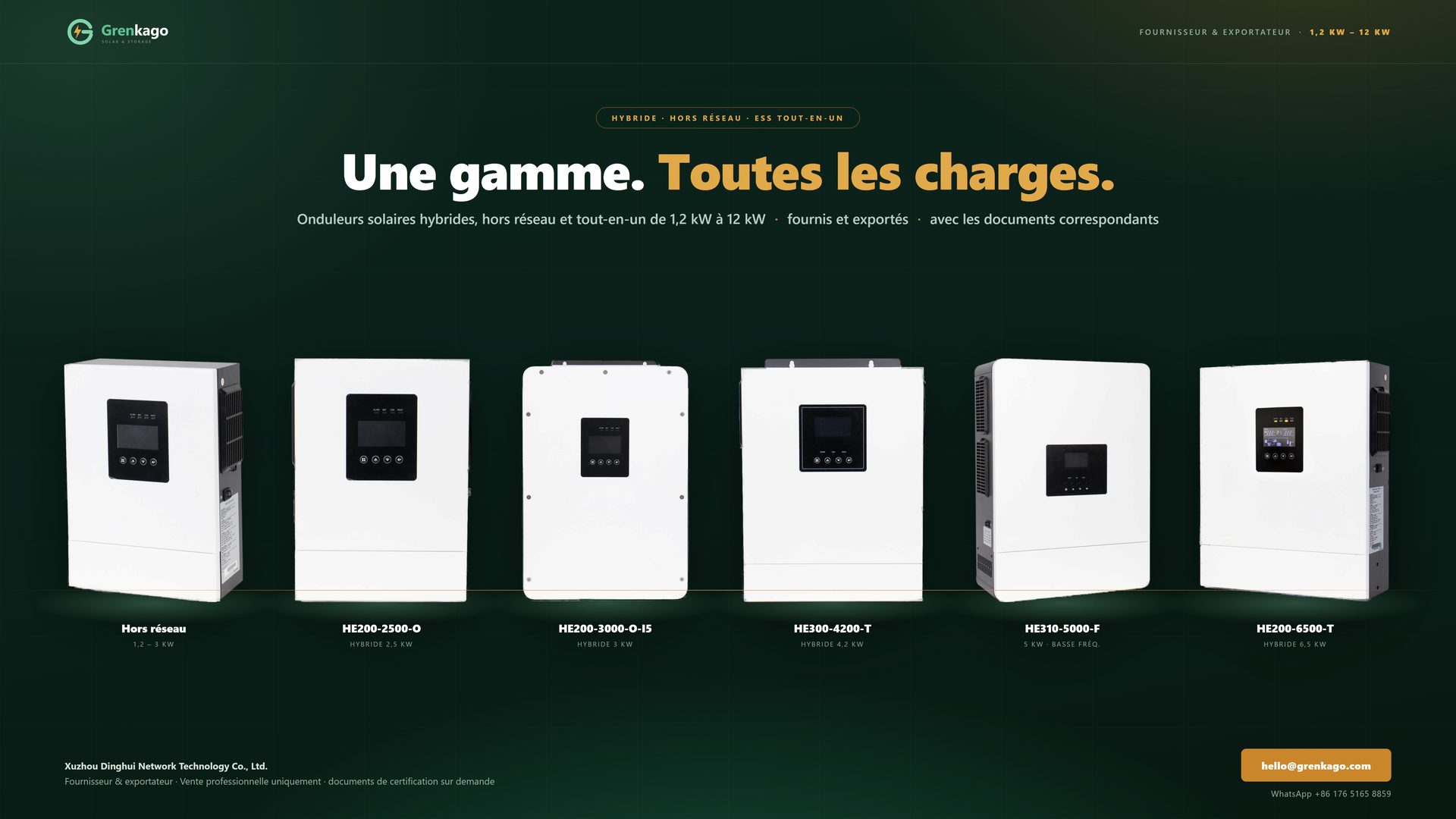 Onduleurs solaires hybrides, autonomes et tout-en-un Grenkago alignés sur un fond vert sombre avec les noms de modèles