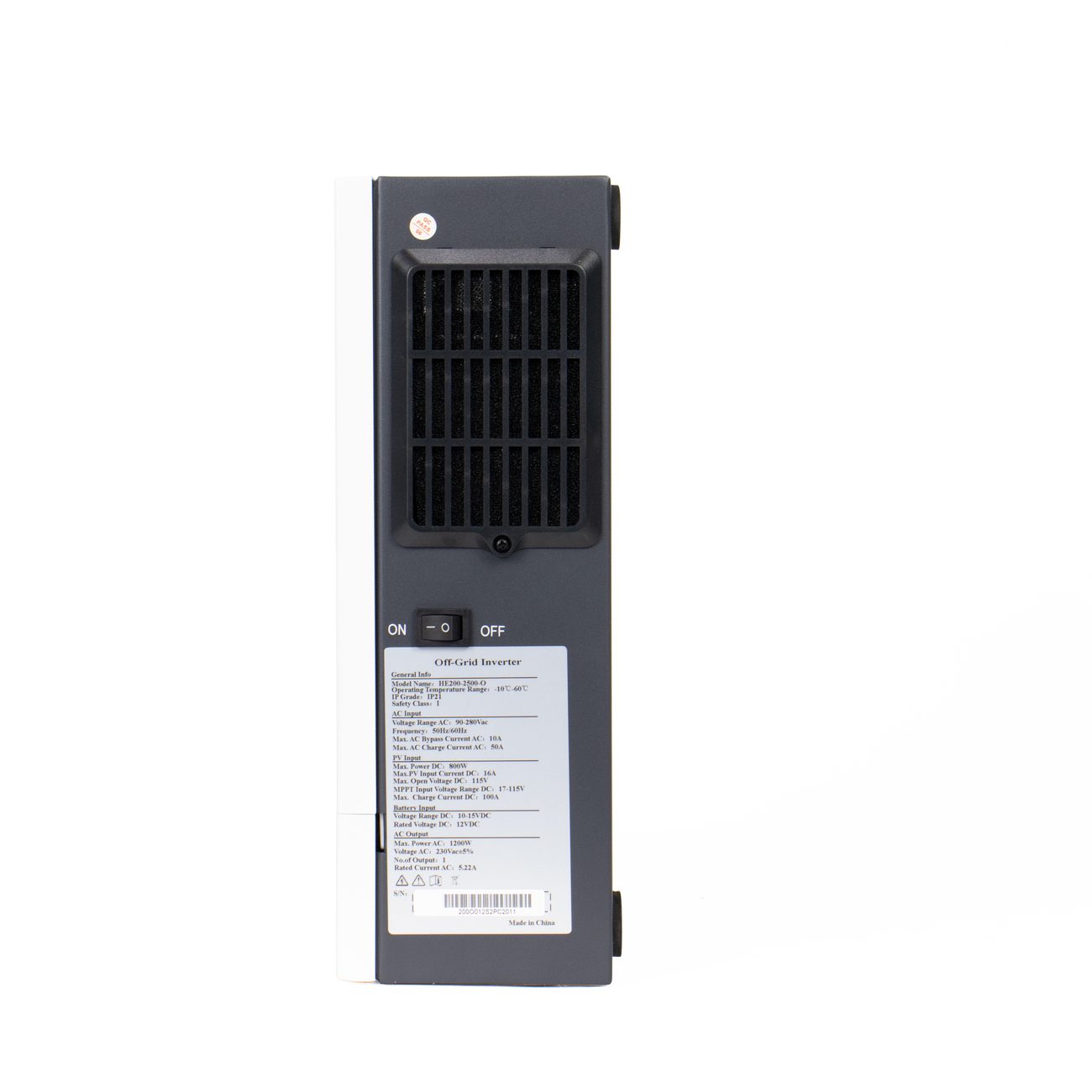 Side view of an inverter showing the rating label and communication ports