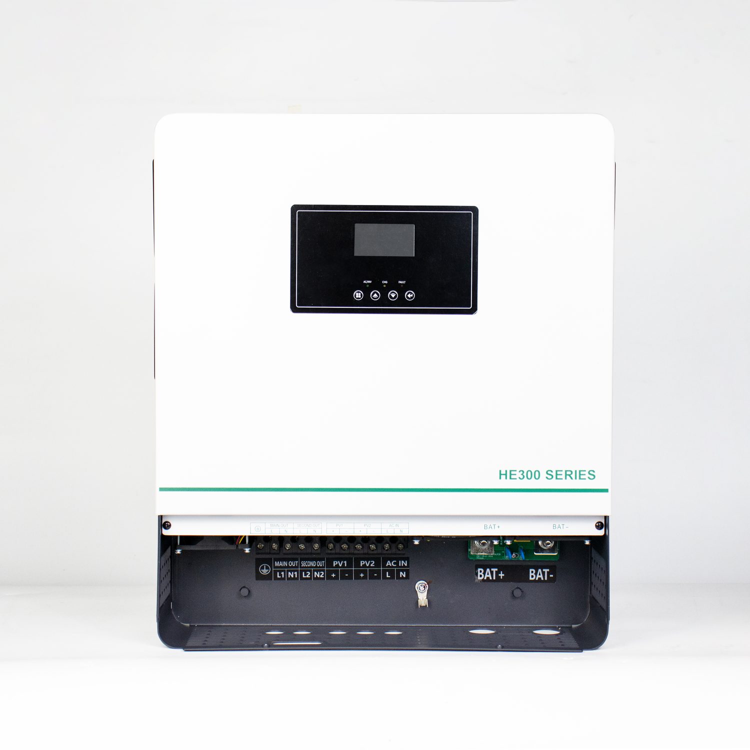 Close-up of the terminal row of an inverter showing the ON/OFF switch and battery terminals