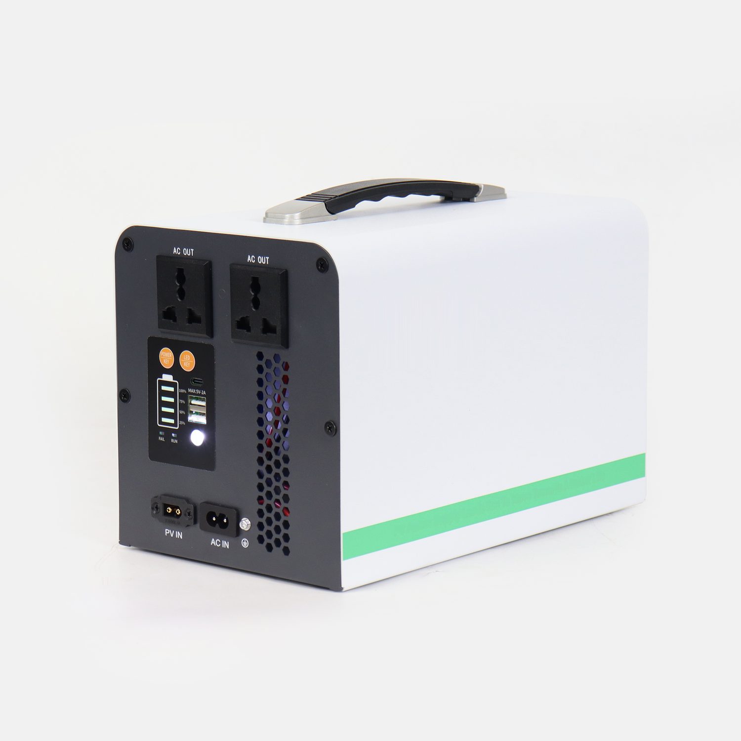 L2-N1T-500 portable all-in-one energy storage unit shown three-quarter, white case with the dark connection panel and a green accent band