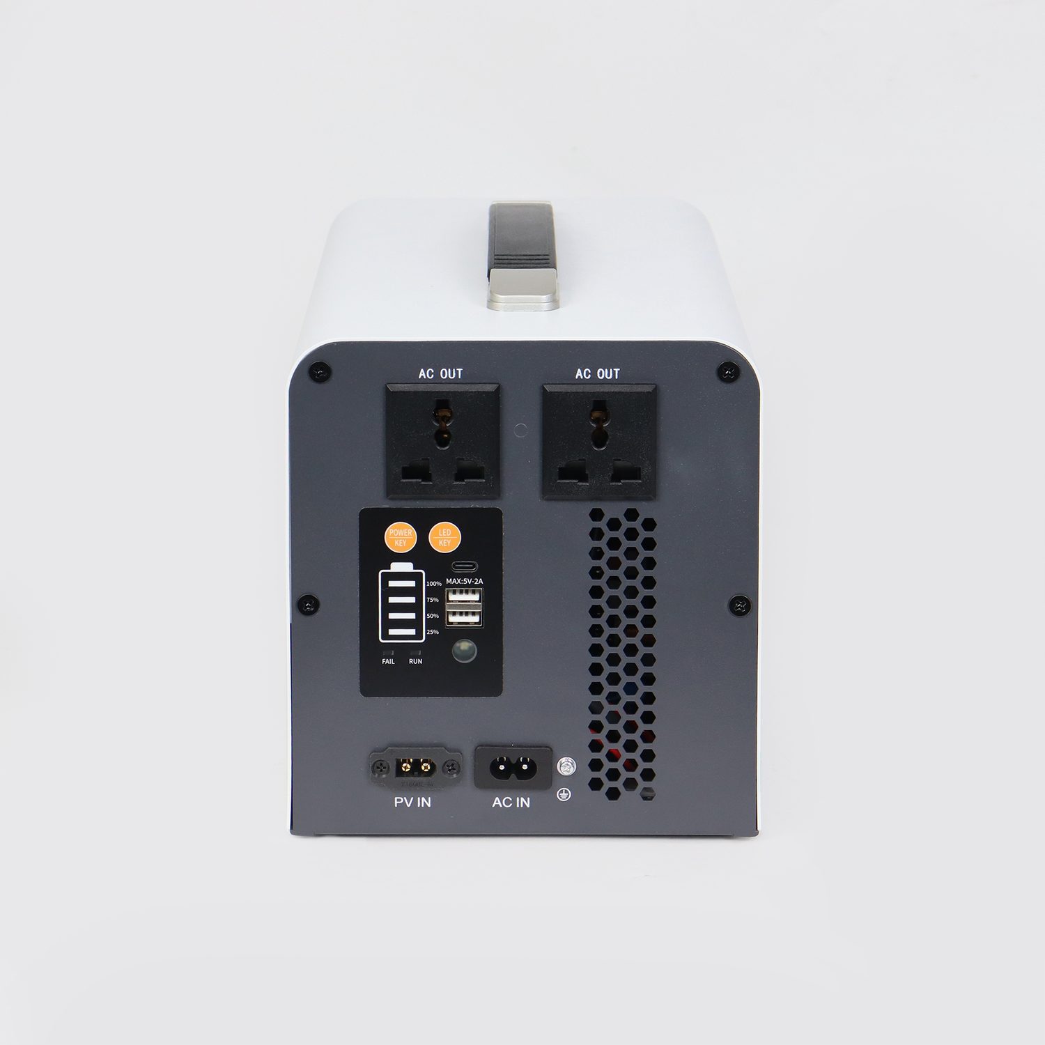 Connection panel of the L2-N1T-500 all-in-one unit showing DC inputs, AC outlets and the LCD