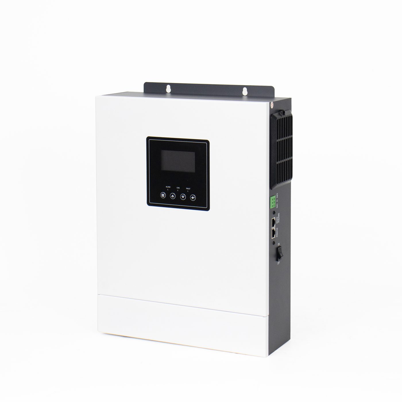 Front three-quarter view of an inverter with the LCD panel and the mounting bracket