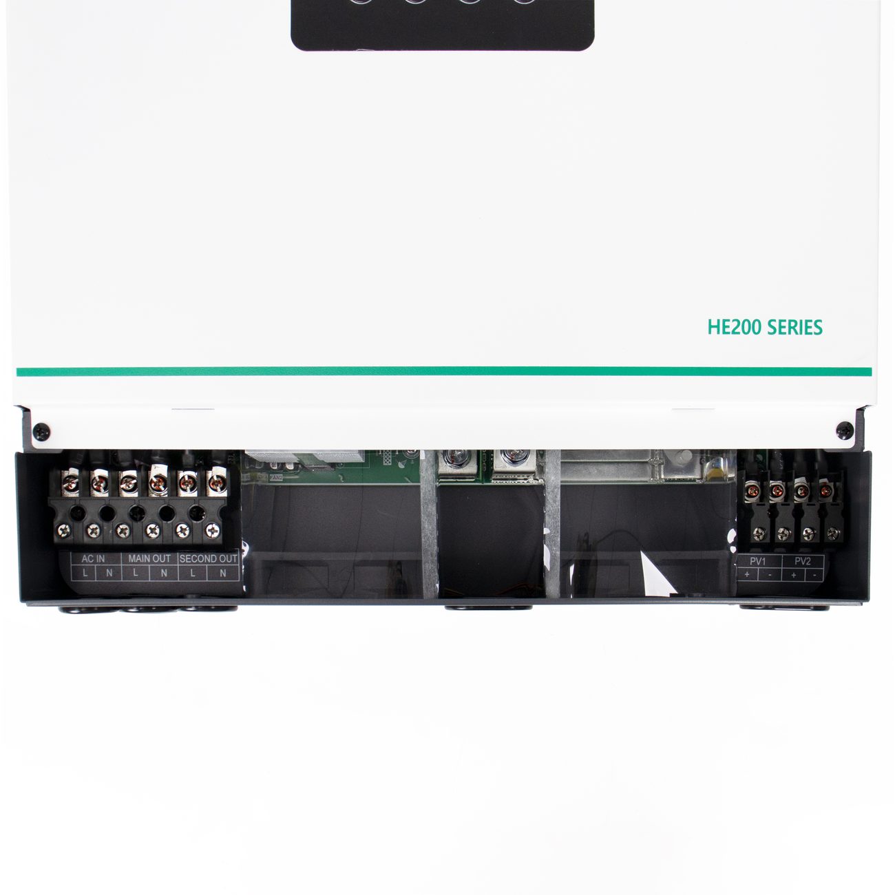 Underside of a large inverter showing cooling fans and the terminal layout