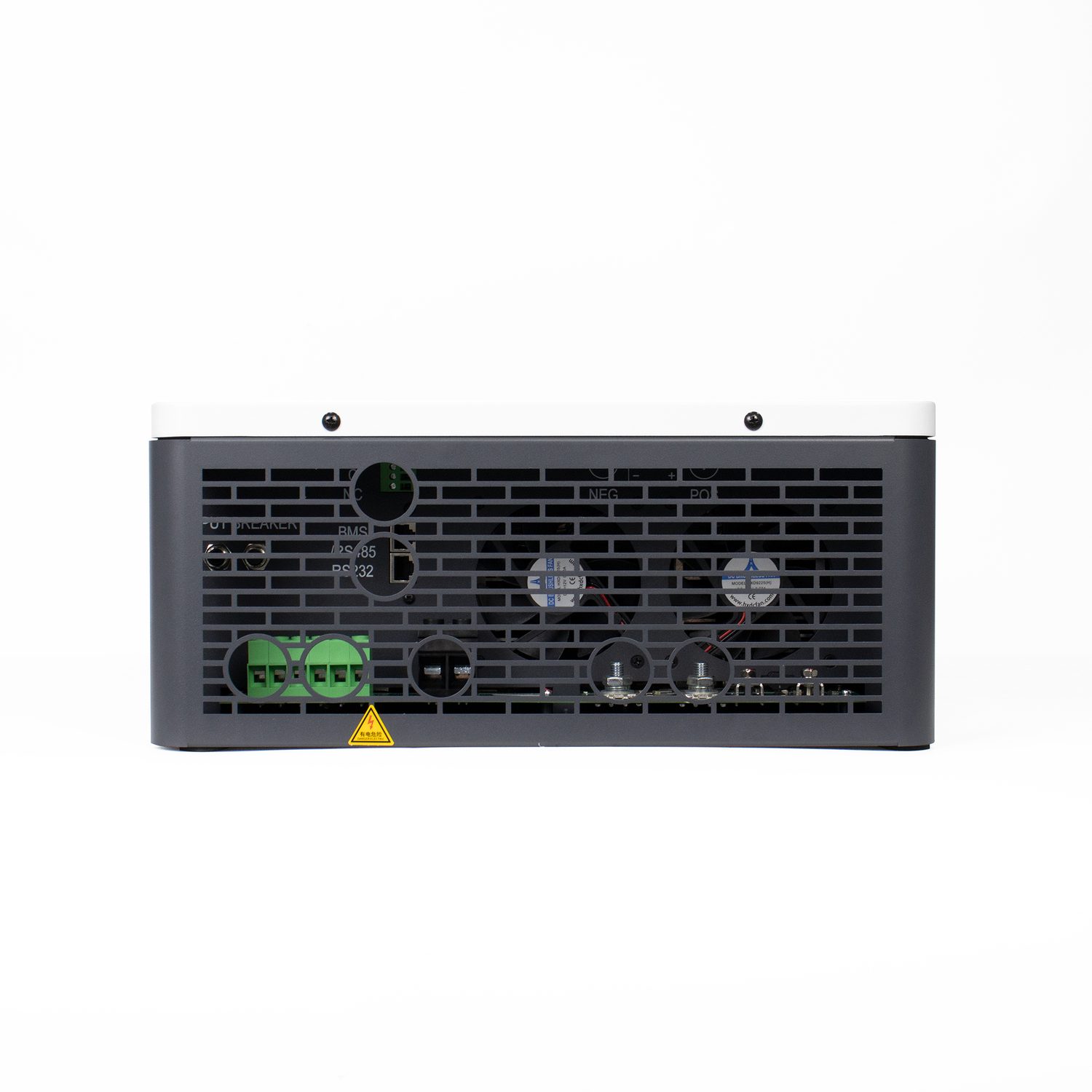 Underside terminal block of an inverter showing AC input, AC output and battery connections