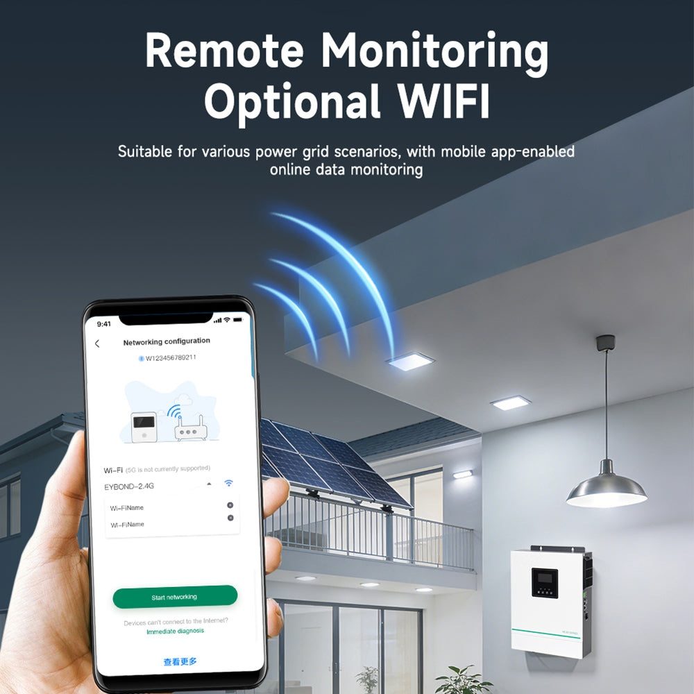 هاتف يعرض تطبيق المراقبة عبر Wi-Fi متصلًا بعاكس HE300-4200-T